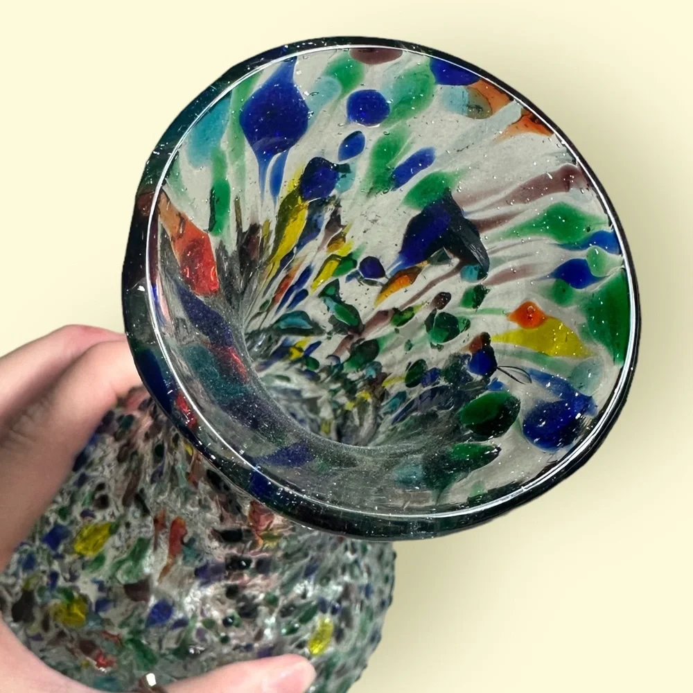 Clear And Colorful Hand Blown Slim Neck Confetti Glass Vase Home Decor 10” Tall